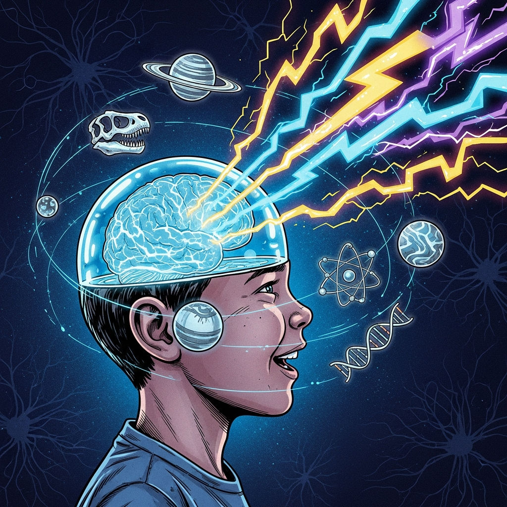 Kid with electric glowing brain
