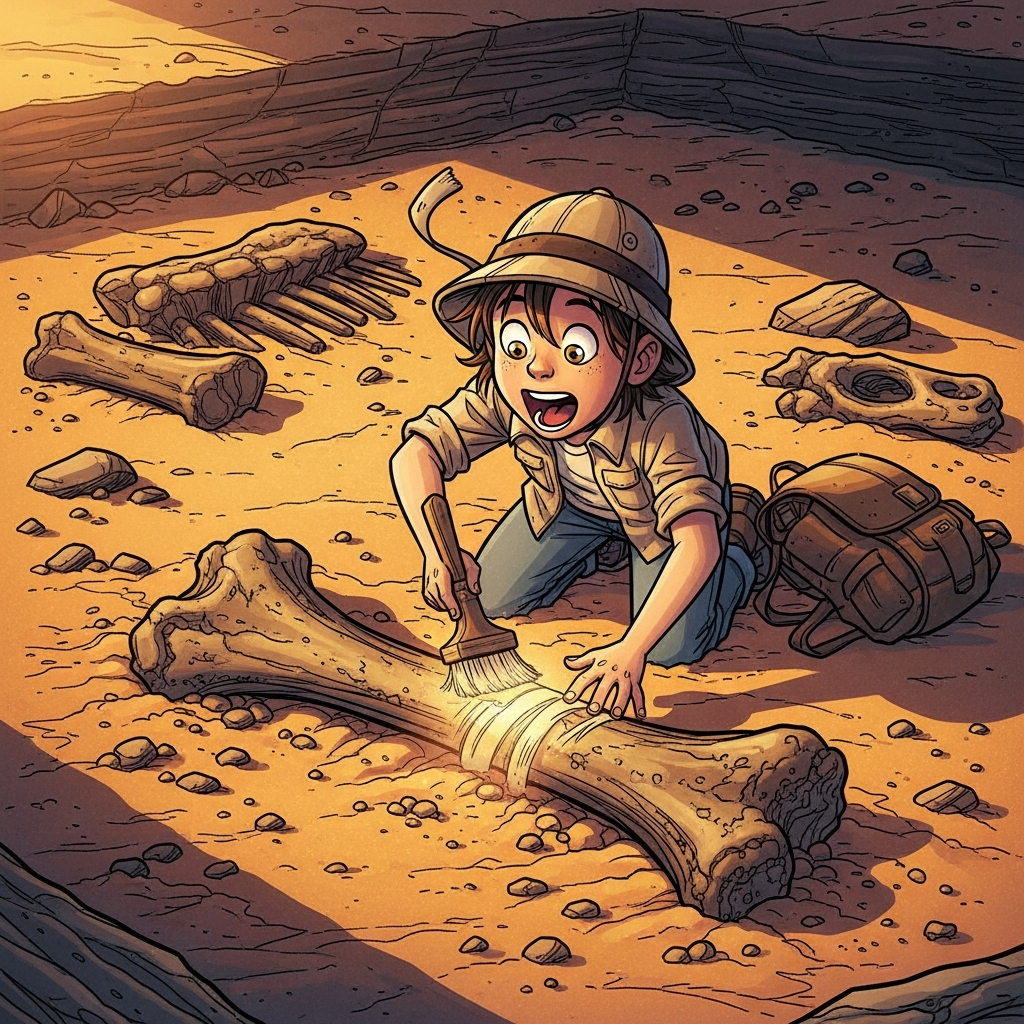 Kid discovering dinosaur fossil