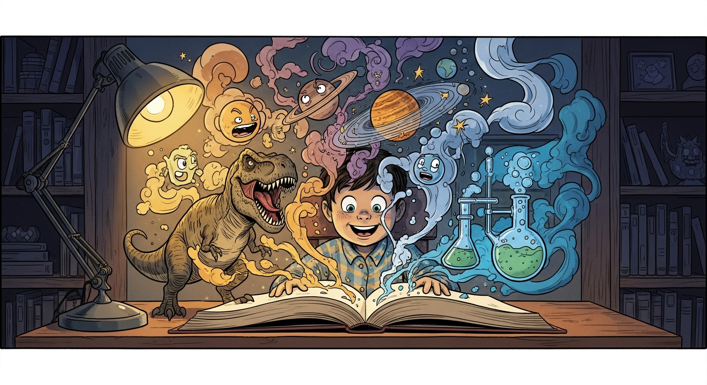 Kid reading with magical knowledge