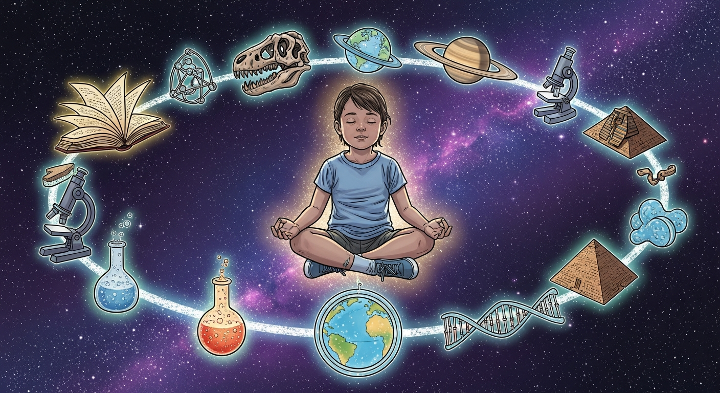 Kid in space surrounded by knowledge