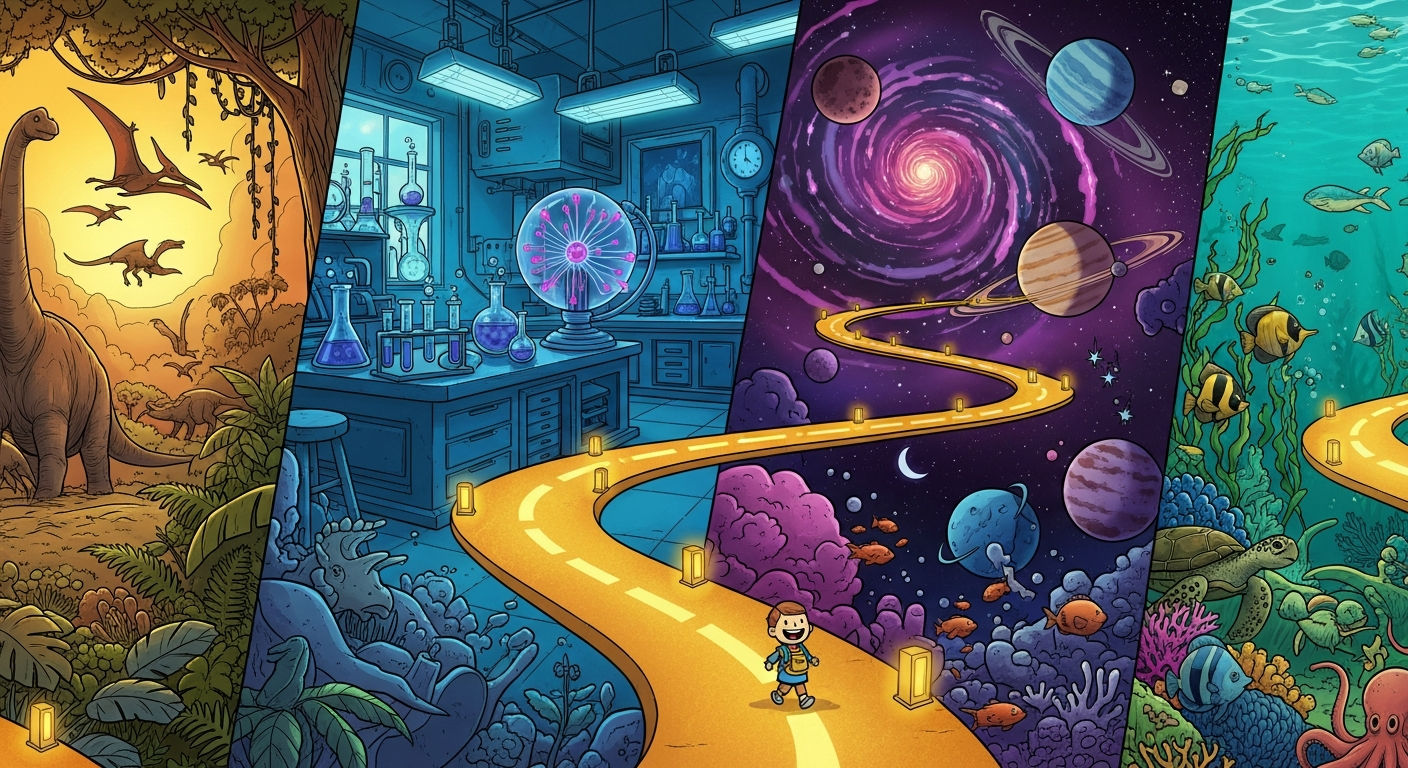 Kid walking adventure road through learning worlds