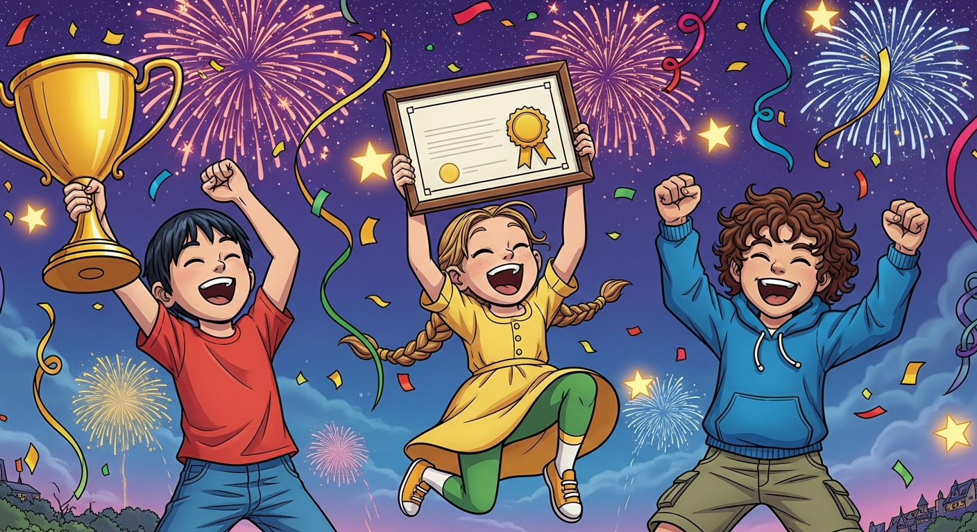 Kids celebrating with trophies