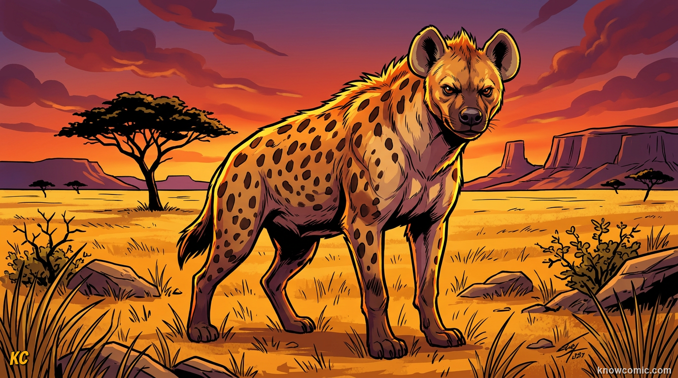 Spotted hyena standing proudly on African savanna at dusk, muscular hunter with spotted coat