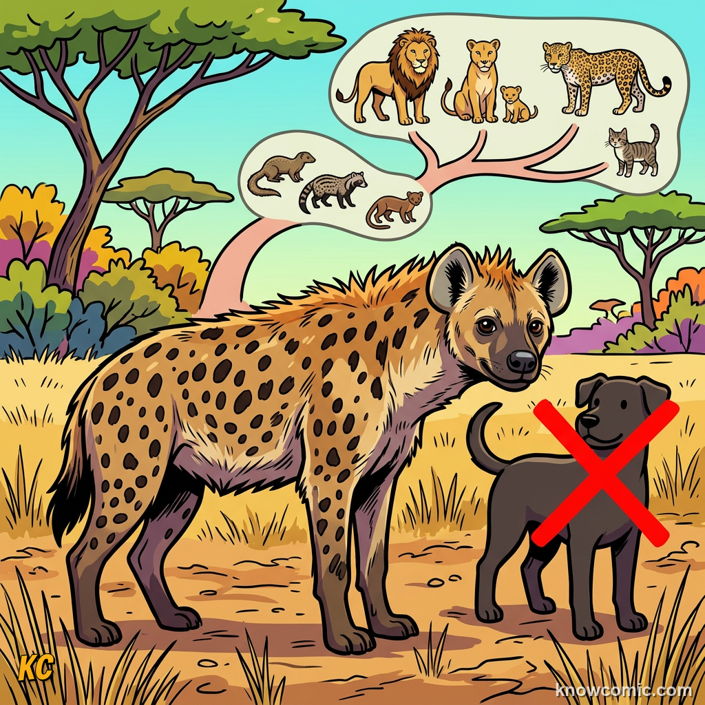 Comparison showing spotted hyena is feliform and related to cats not dogs