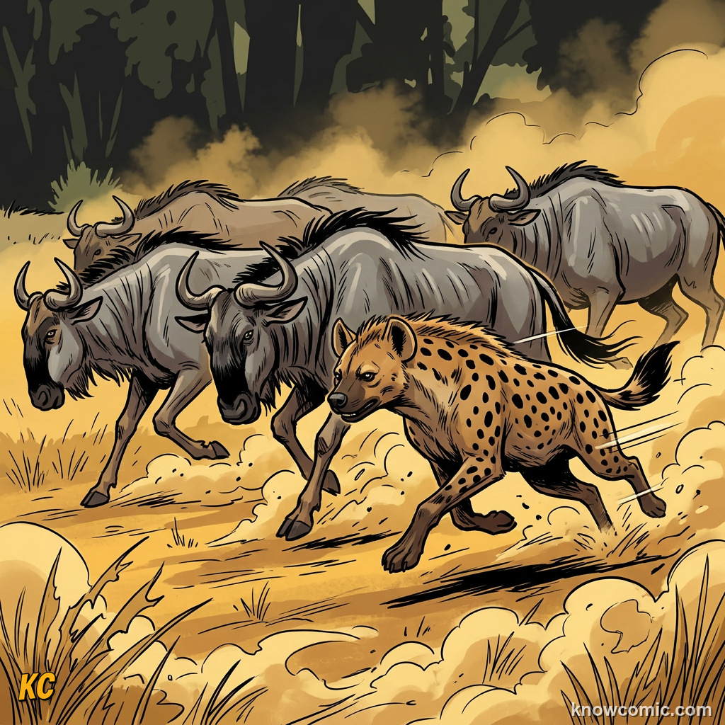 Spotted hyena sprinting after prey on open savanna grassland