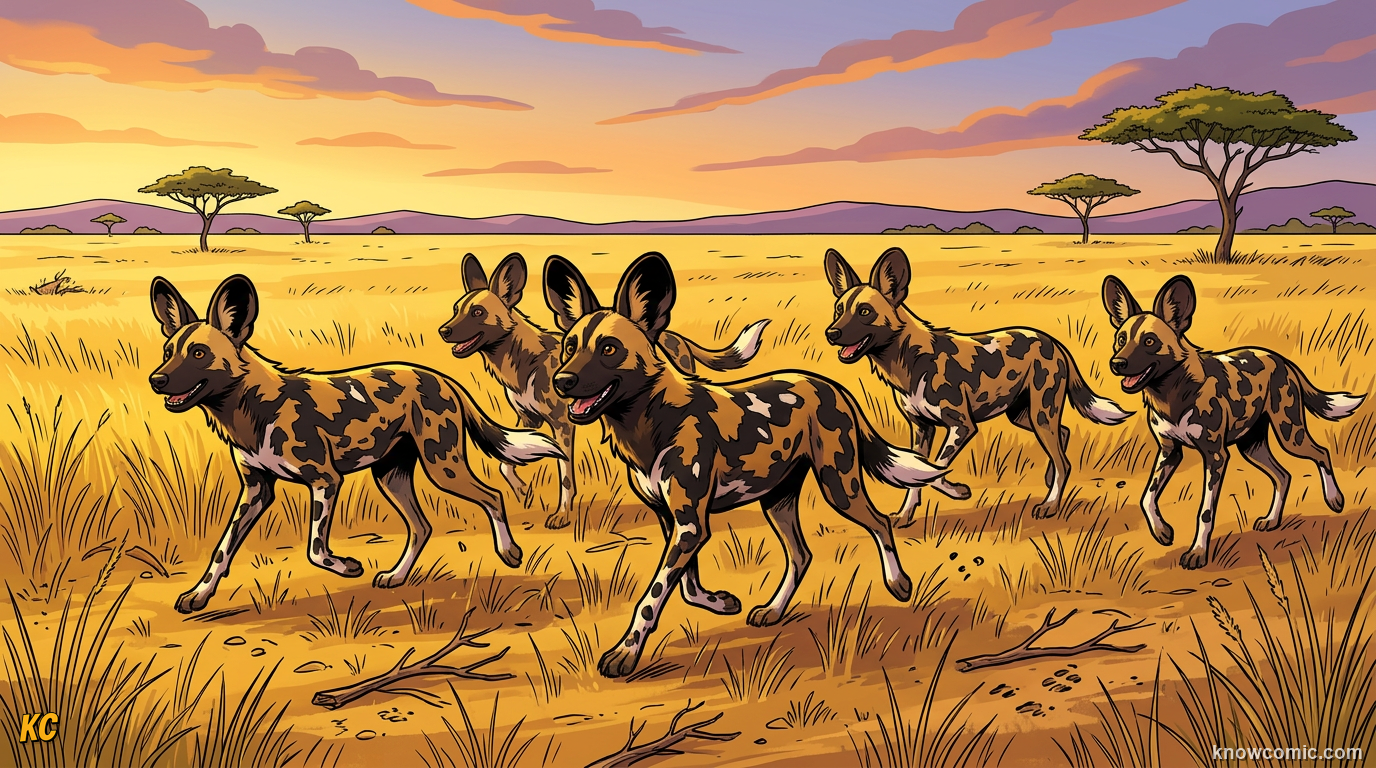 African wild dog pack trotting across savanna with patchwork coat and big rounded ears