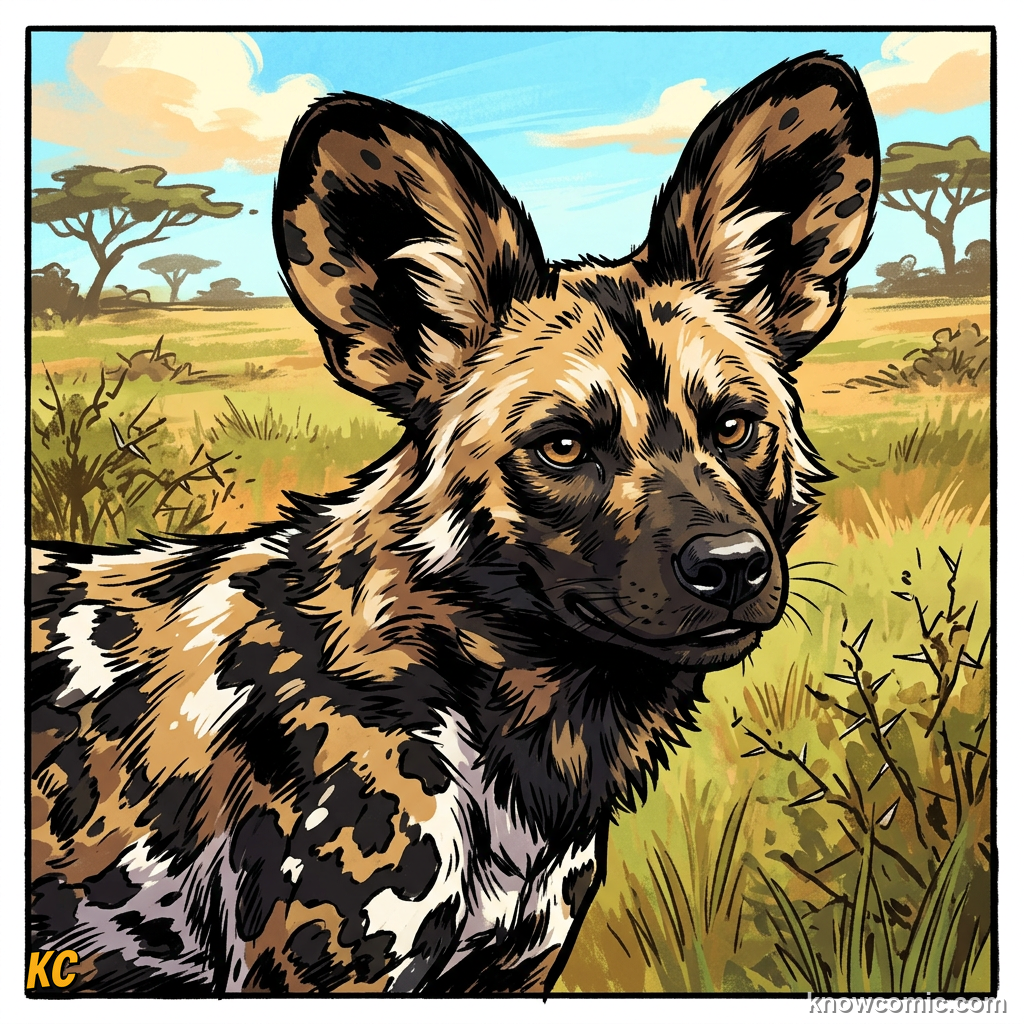 Close-up of African wild dog unique patchwork coat pattern with big Mickey Mouse ears