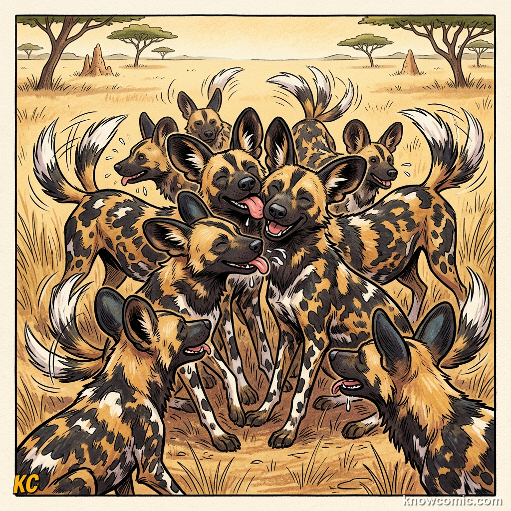 African wild dog pack greeting each other with excited tail wags and social bonding
