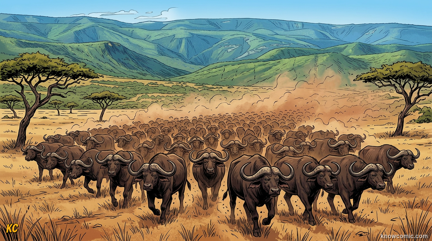 Massive Cape buffalo Syncerus caffer herd on African savanna with dark brown bodies and curved horns