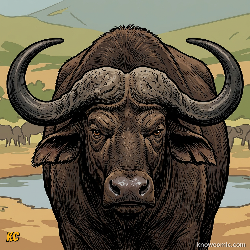 Close-up of Cape buffalo boss horn on forehead with thick curved horns