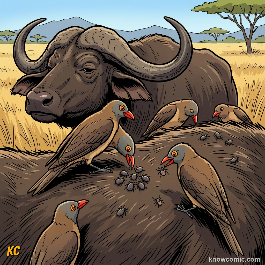 Red-billed oxpeckers picking ticks from buffalo back in symbiosis on savanna