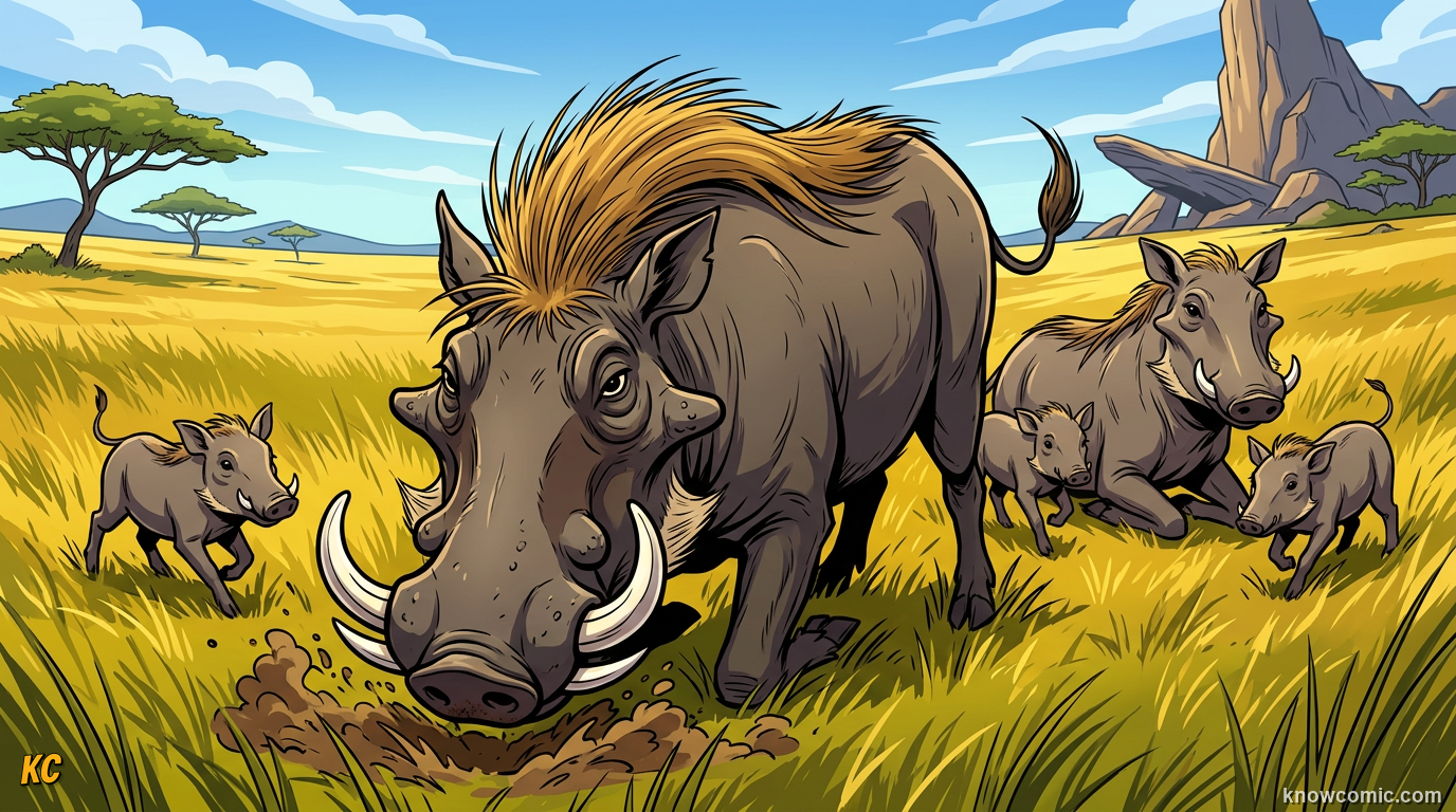 Common warthog Phacochoerus africanus family on African savanna with warty face and curved tusks