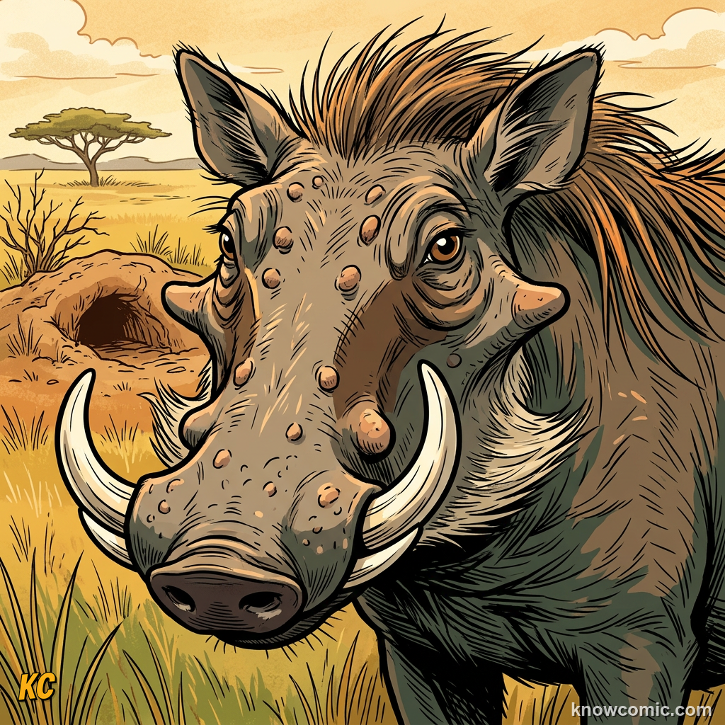 Close-up of warthog warty face with bristly mane and curved ivory tusks