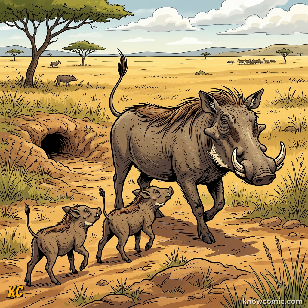 Warthog piglets following adult across savanna with tails held high