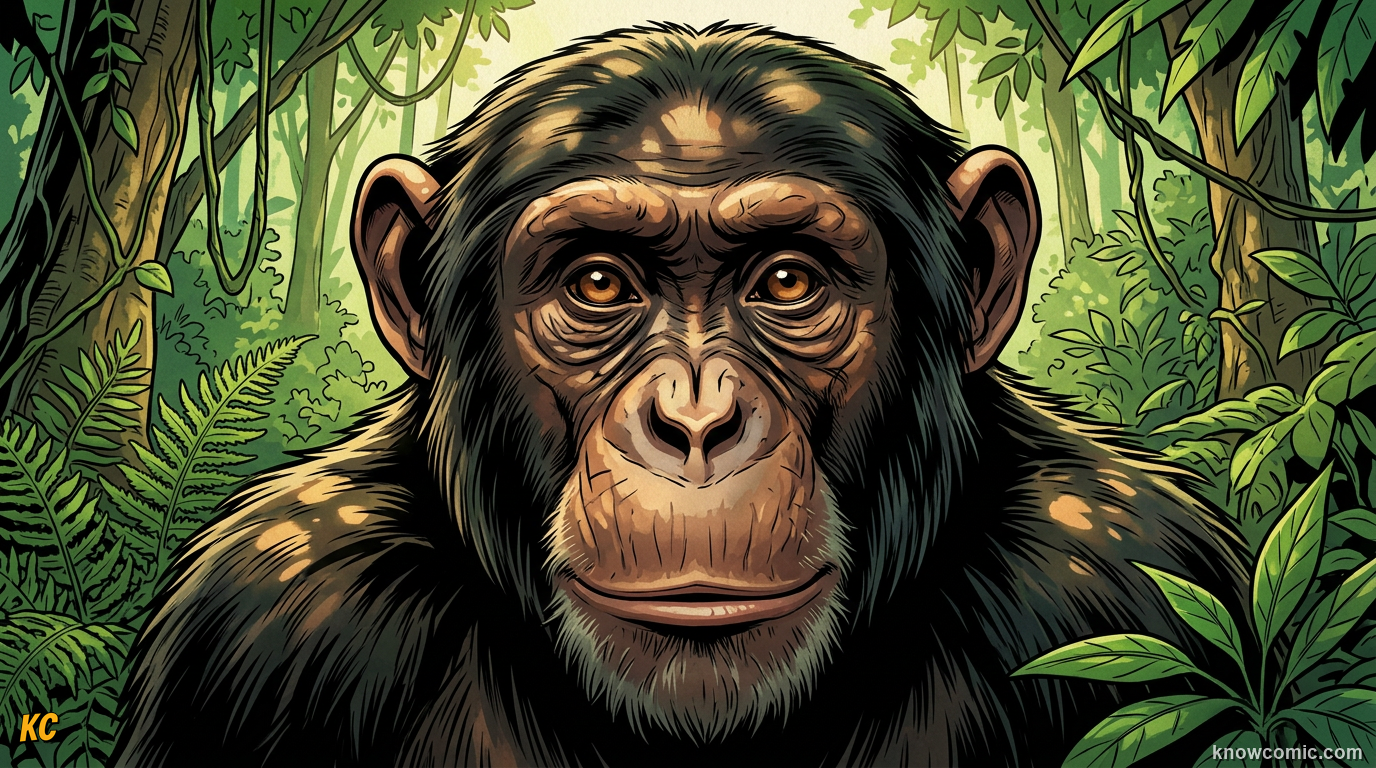 Adult chimpanzee Pan troglodytes close portrait in lush African forest with intelligent expressive eyes