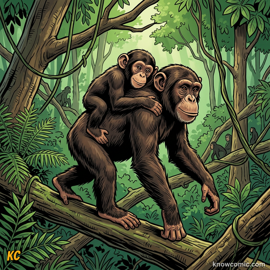 Young chimp riding on mother back through African forest trees close family bond