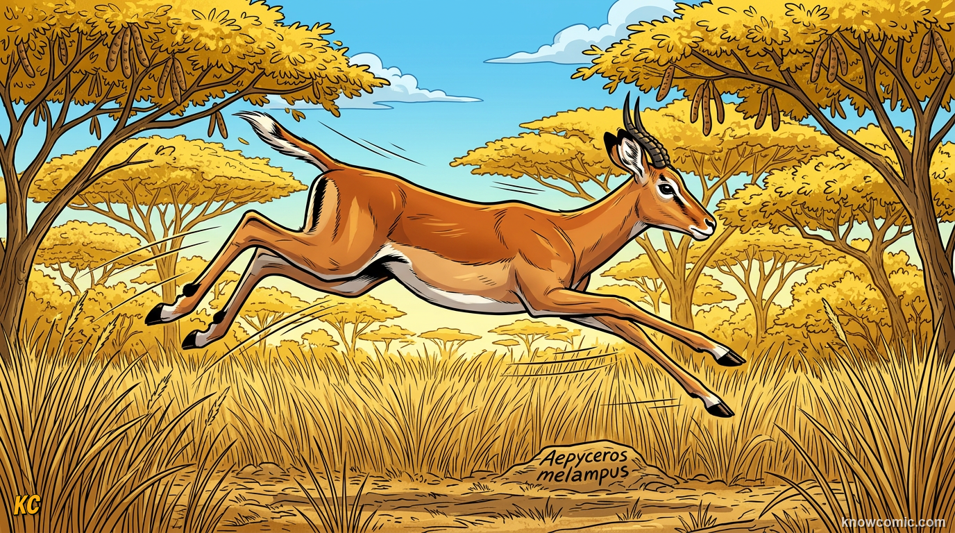 Impala Aepyceros melampus leaping high above African savanna grass with rust tan coat