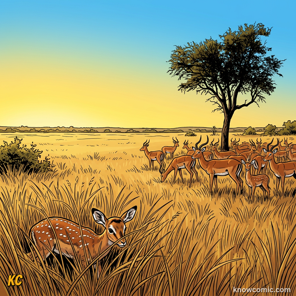 Spotted impala fawn hiding in tall grass near protective herd