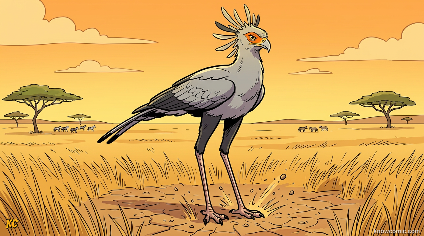 Secretary bird Sagittarius serpentarius standing tall on African savanna with grey body and cream crest