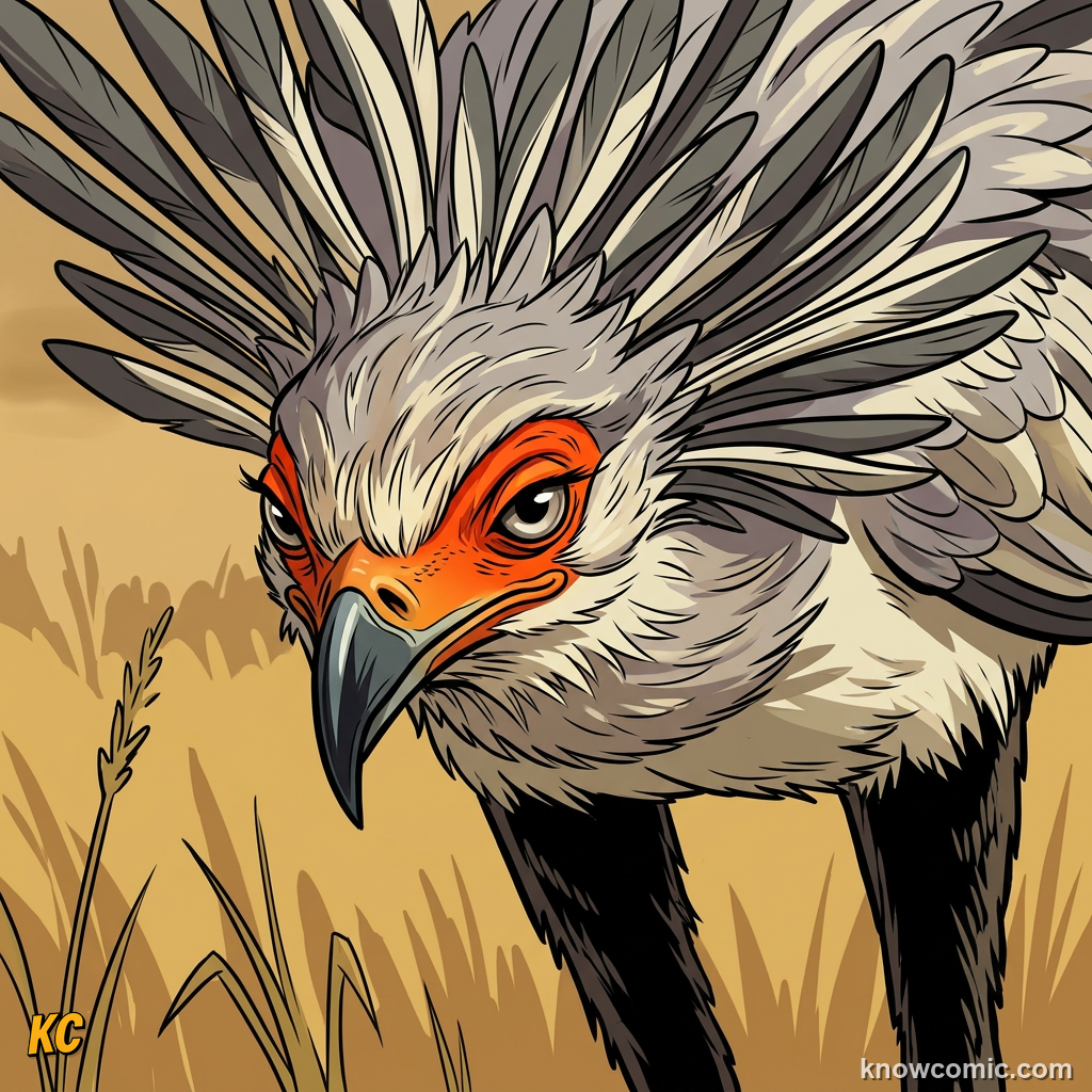 Secretary bird crest feathers and hooked raptor beak close-up grey and cream plumage