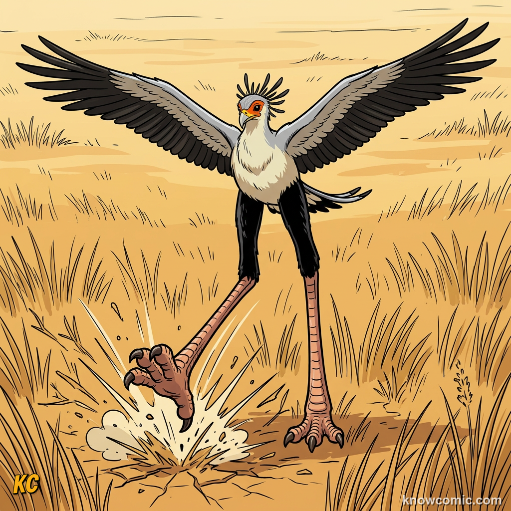 Secretary bird enormous long legs built for walking and stomping on African savanna