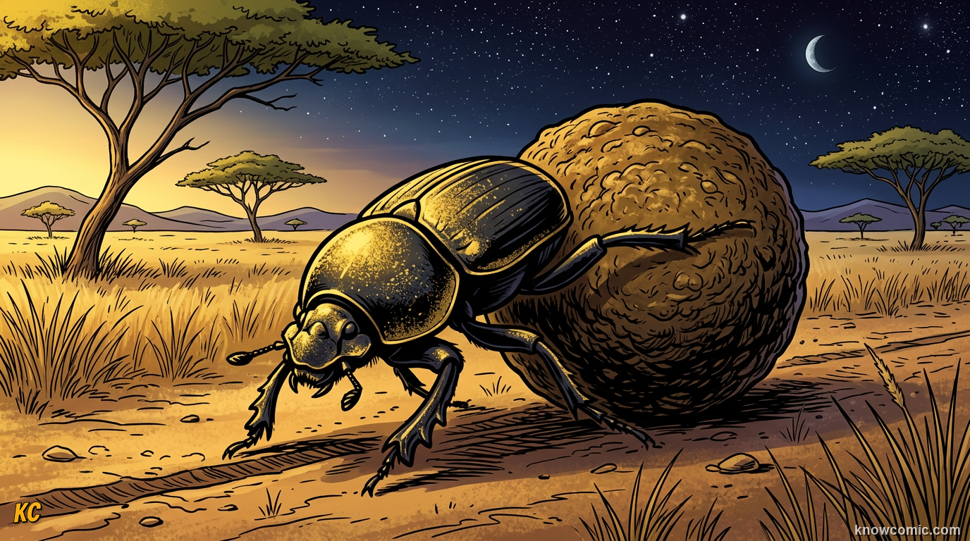 Dung beetle Scarabaeus satyrus pushing round dung ball across African savanna gold-black beetle