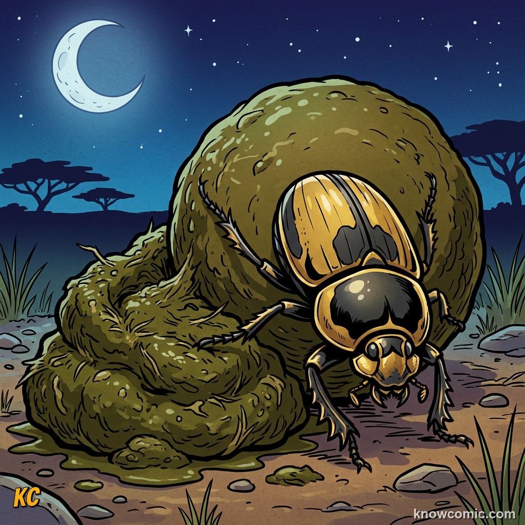 Dung beetle shaping fresh dung into perfect round ball with legs and head close-up