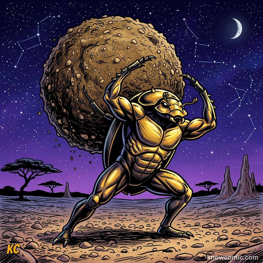 Dung beetle standing on hind legs pushing dung ball backward with front legs