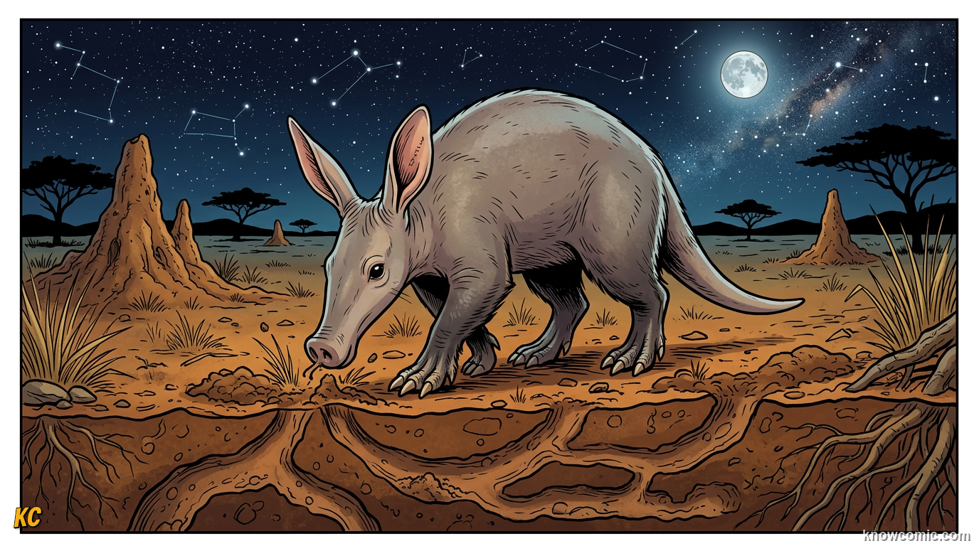 Aardvark Orycteropus afer walking at night on African savanna long snout big ears