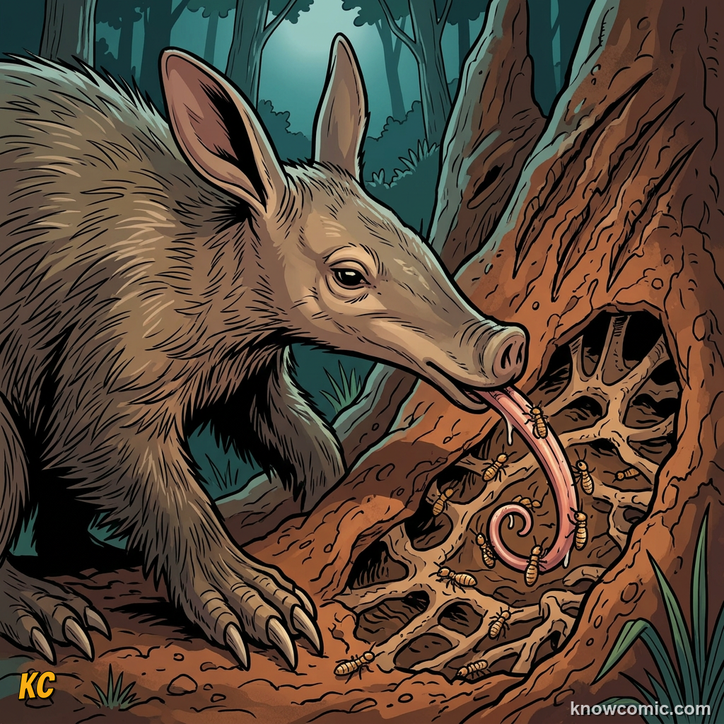Aardvark long sticky tongue lapping termites from opened mound close-up