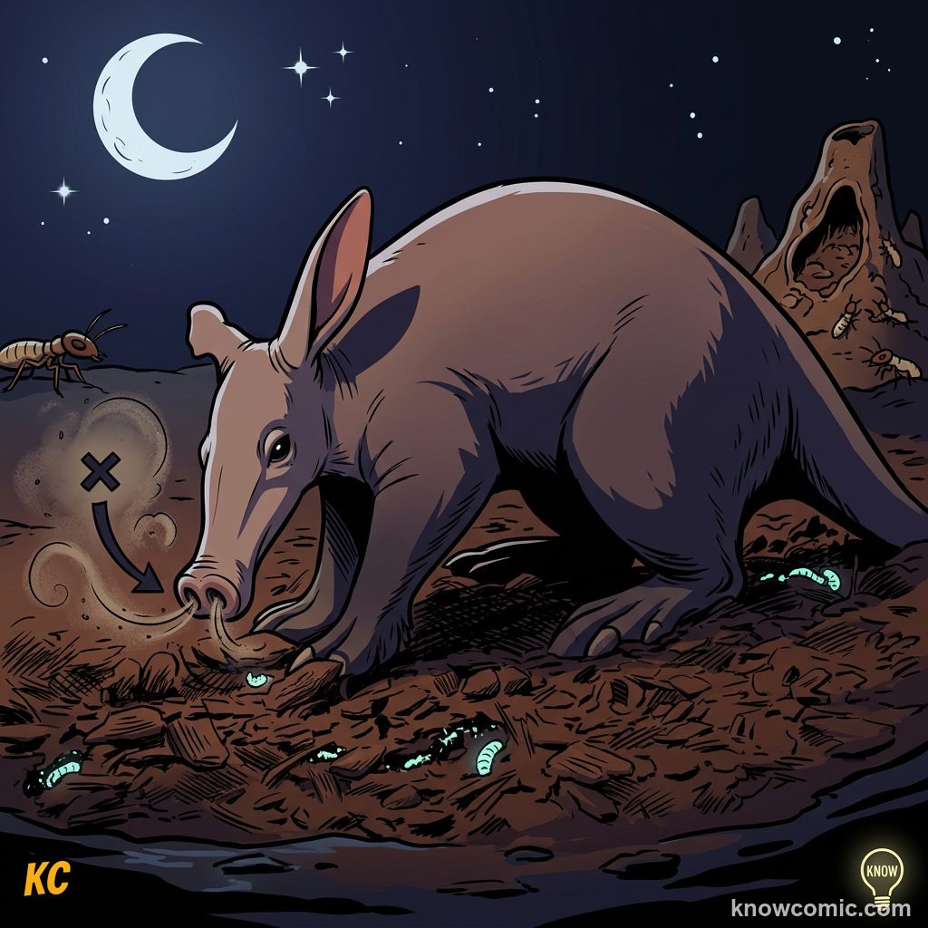 Aardvark sniffing ground at night searching for insect nests nocturnal foraging
