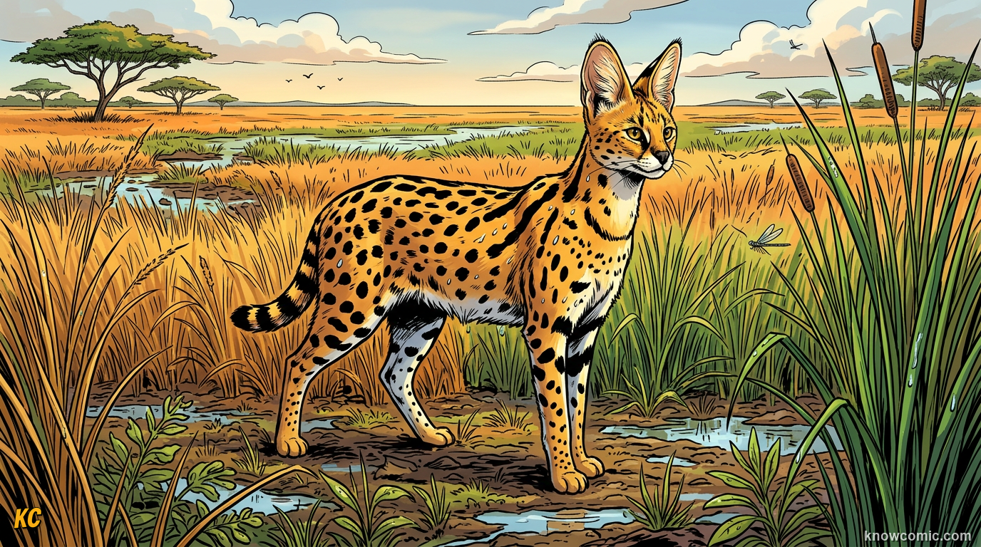 Serval Leptailurus serval standing in tall African grassland golden coat black spots huge ears