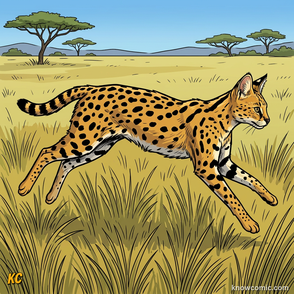 Serval long legs and slender spotted body built for leaping in African grassland