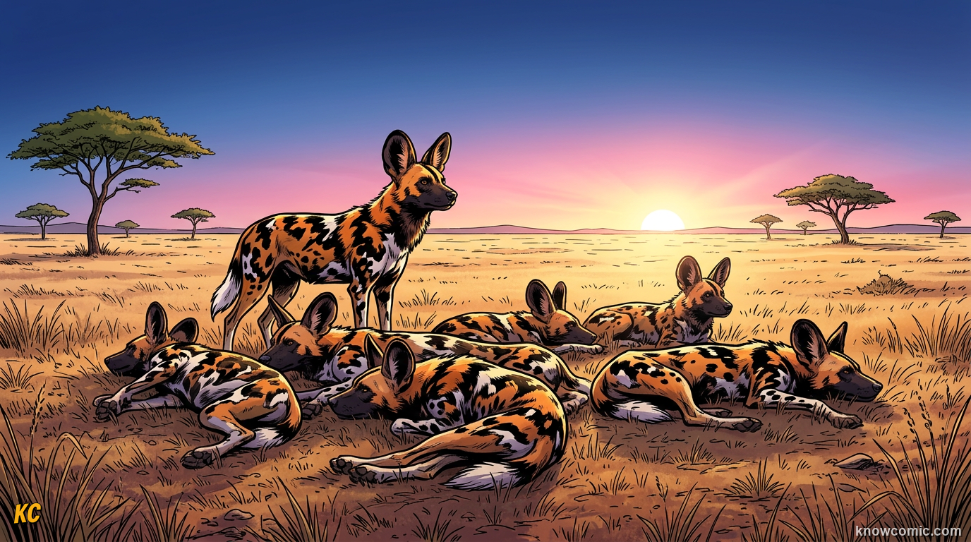 African wild dog painted wolf pack with mottled orange black and tan coats on savanna