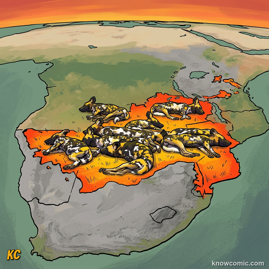 Single painted wolf standing alert on African grassland showing endangered status