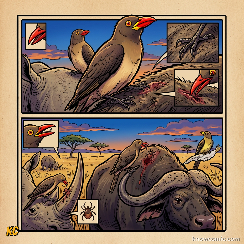 Red-billed oxpecker Buphagus erythrorhynchus close-up with bright red beak on host animal