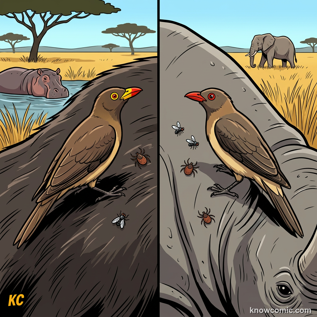 Yellow-billed oxpecker Buphagus africanus with pale yellow beak on buffalo