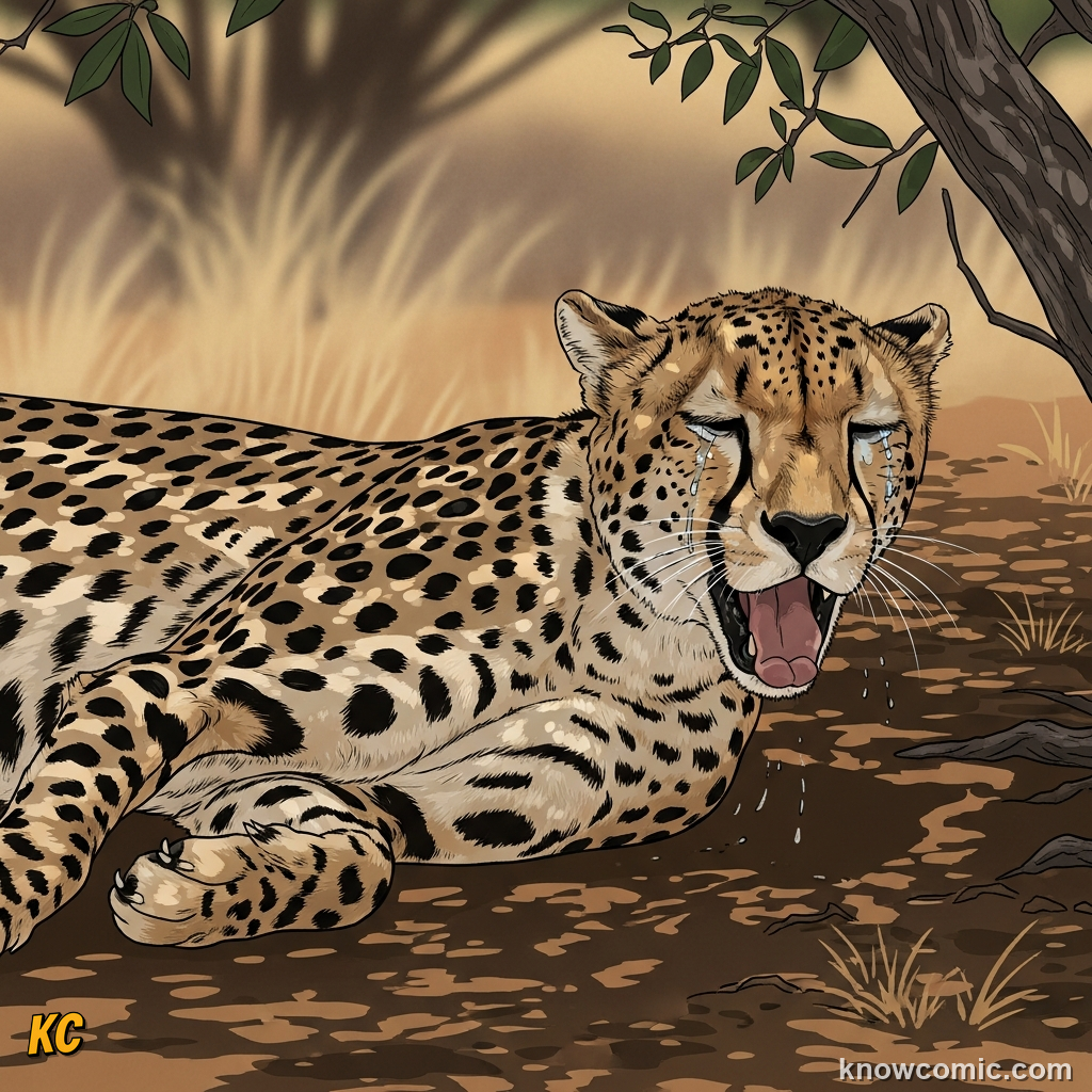 Cheetah panting heavily and resting after an exhausting sprint in midday heat