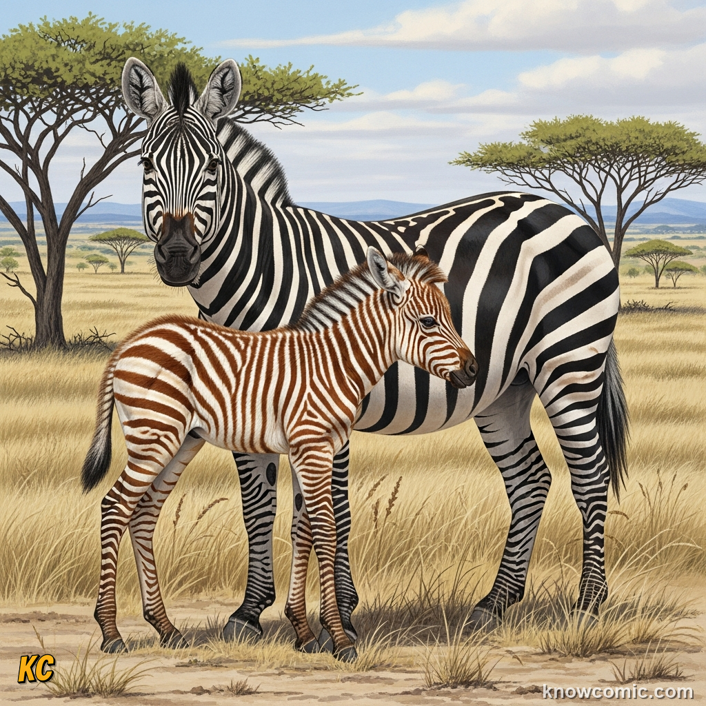 Zebra foal with brownish baby coat standing beside its black and white mother
