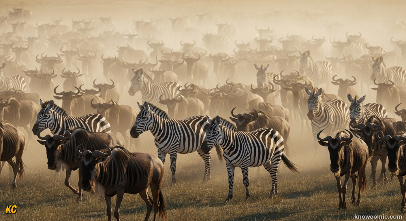Vast plains zebra herd mingling with wildebeest during a seasonal savanna migration
