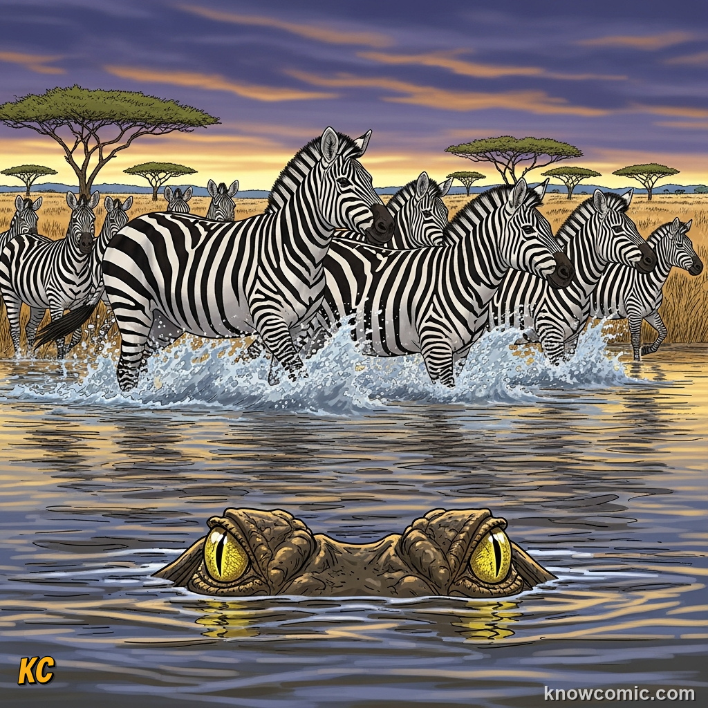 Zebra at a river crossing watched by a Nile crocodile lurking just below the surface