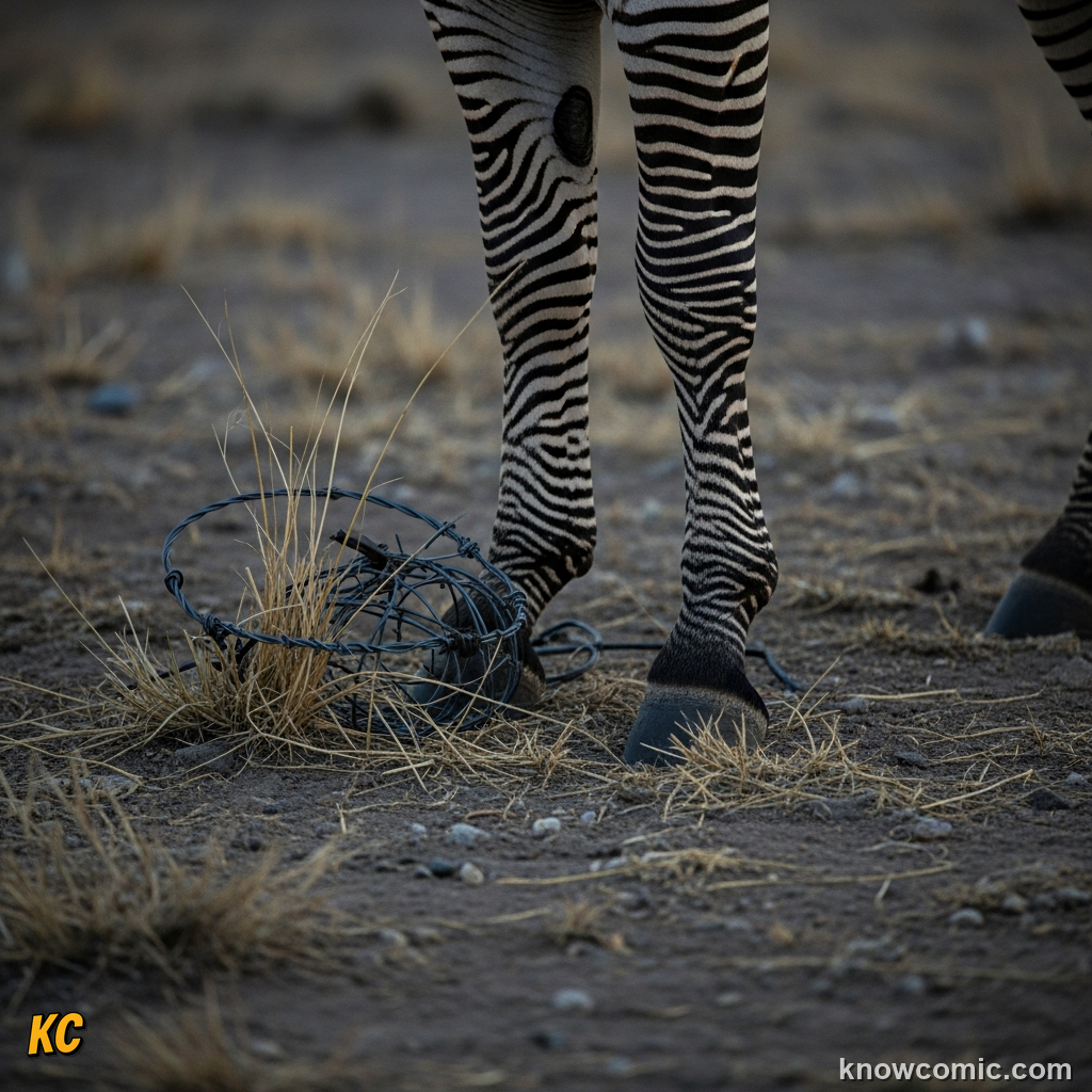 Wire snare loop set in savanna grass that can trap and injure a zebra leg