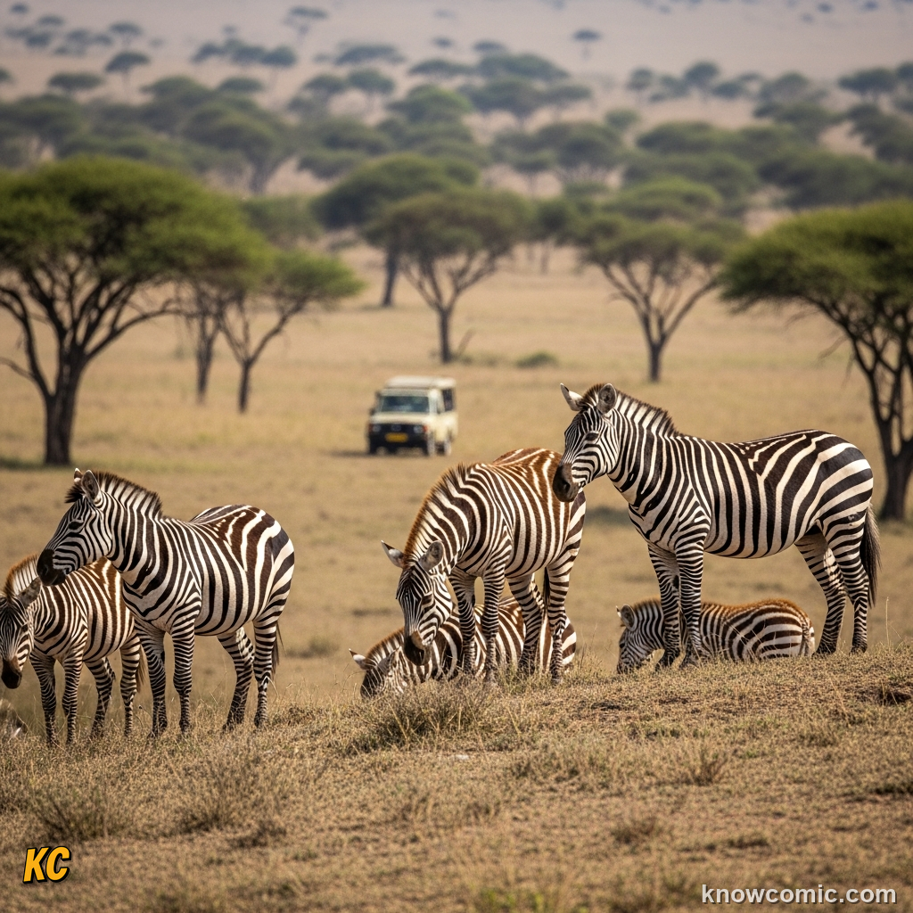 Safari tourists in a vehicle watching a zebra herd from a respectful distance