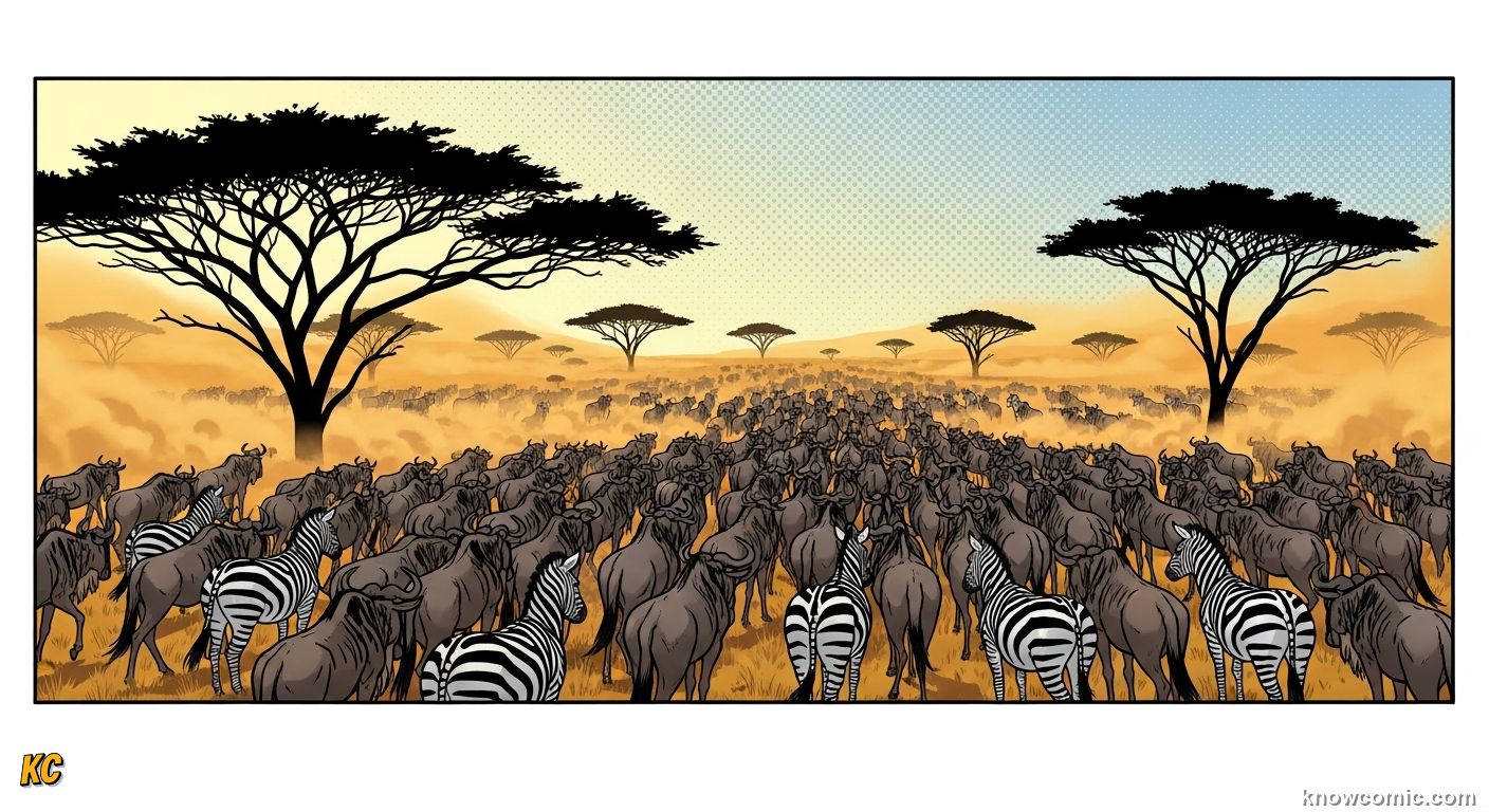 Massive wildebeest migration column stretching to the horizon across the Serengeti plain