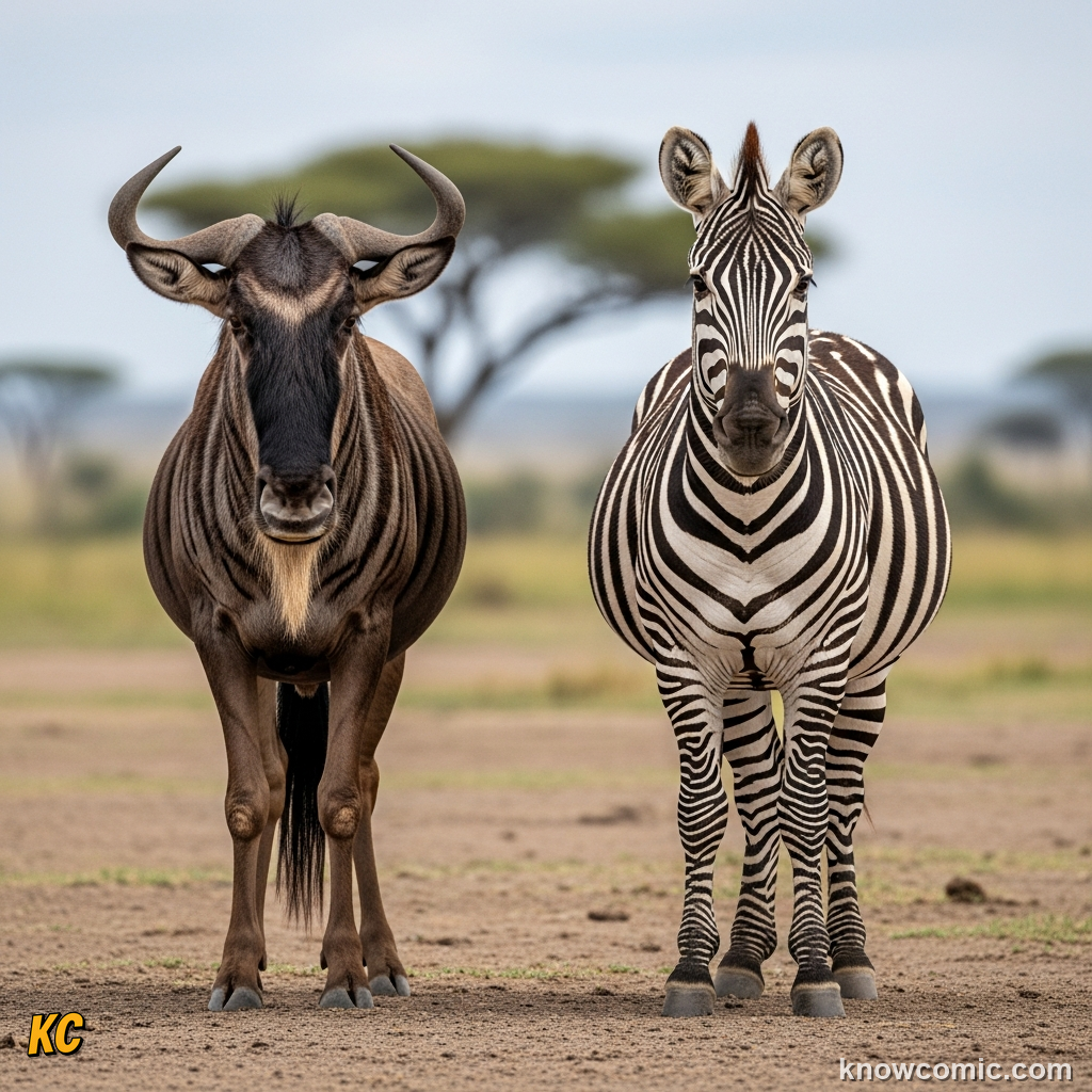 Wildebeest and zebra mixed together in the same seasonal migration herd column