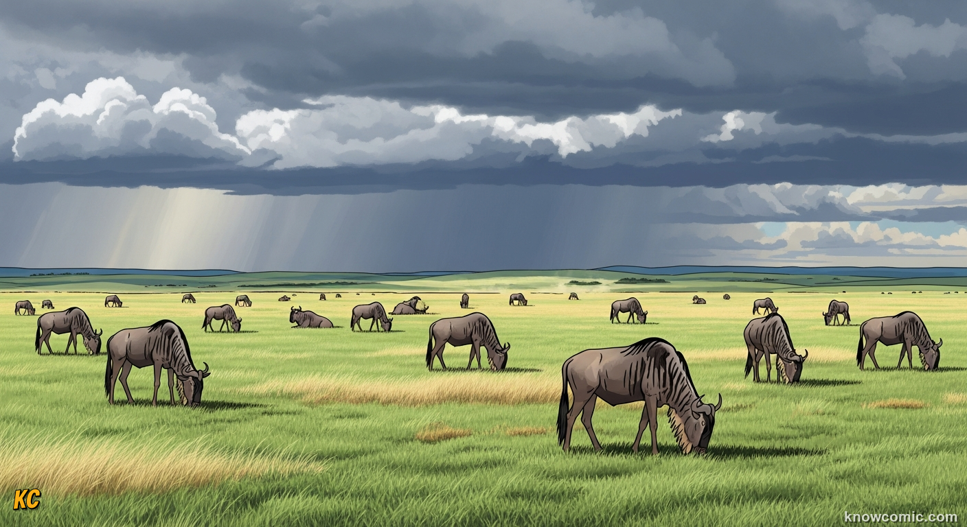 Wildebeest grazing on fresh green grass growing after heavy seasonal rains