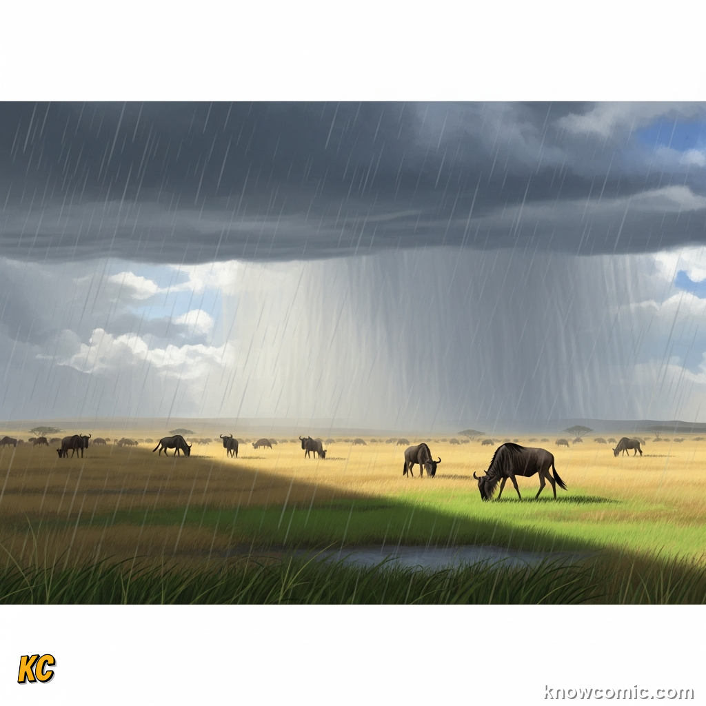 Storm clouds dropping rain over Serengeti triggering the start of new grass growth