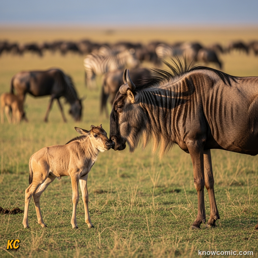 Wildebeest calving season with dozens of wobbly newborn calves surrounded by predators