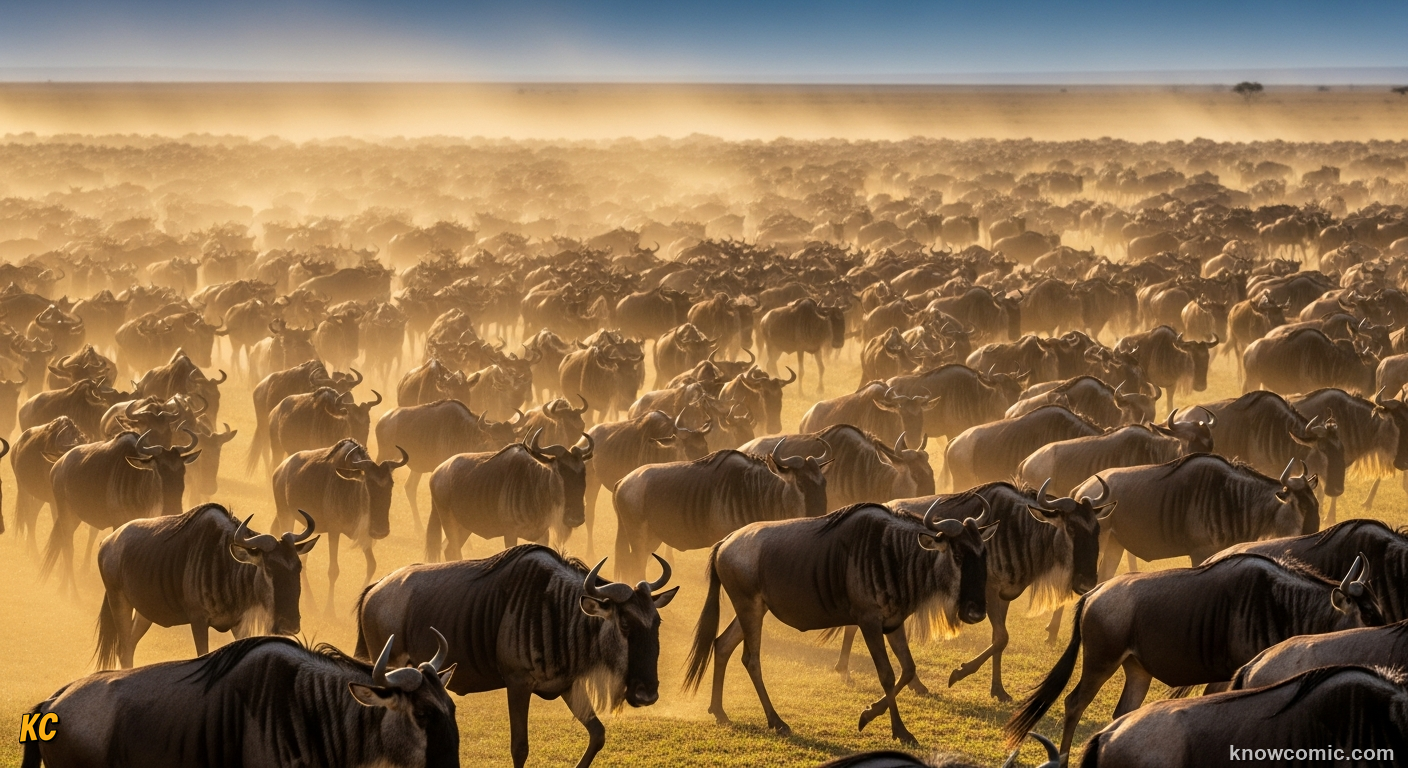 Wildebeest migration leaders following scent of rain and herd memory across the plain