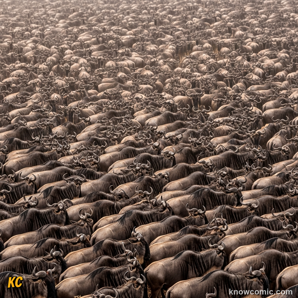Dense wildebeest herd so thick the Serengeti plain appears to breathe with movement